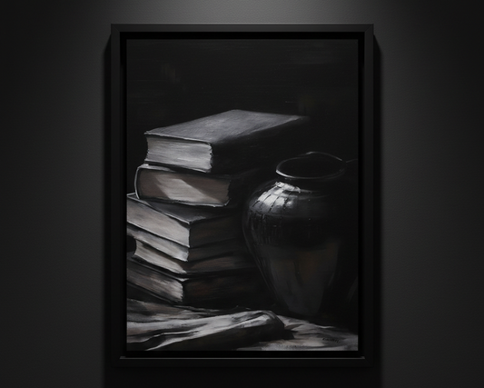 A dark still life painting depicting a stack of old books and a ceramic vase on draped fabric, presented as a vertical art print centered on a white background.