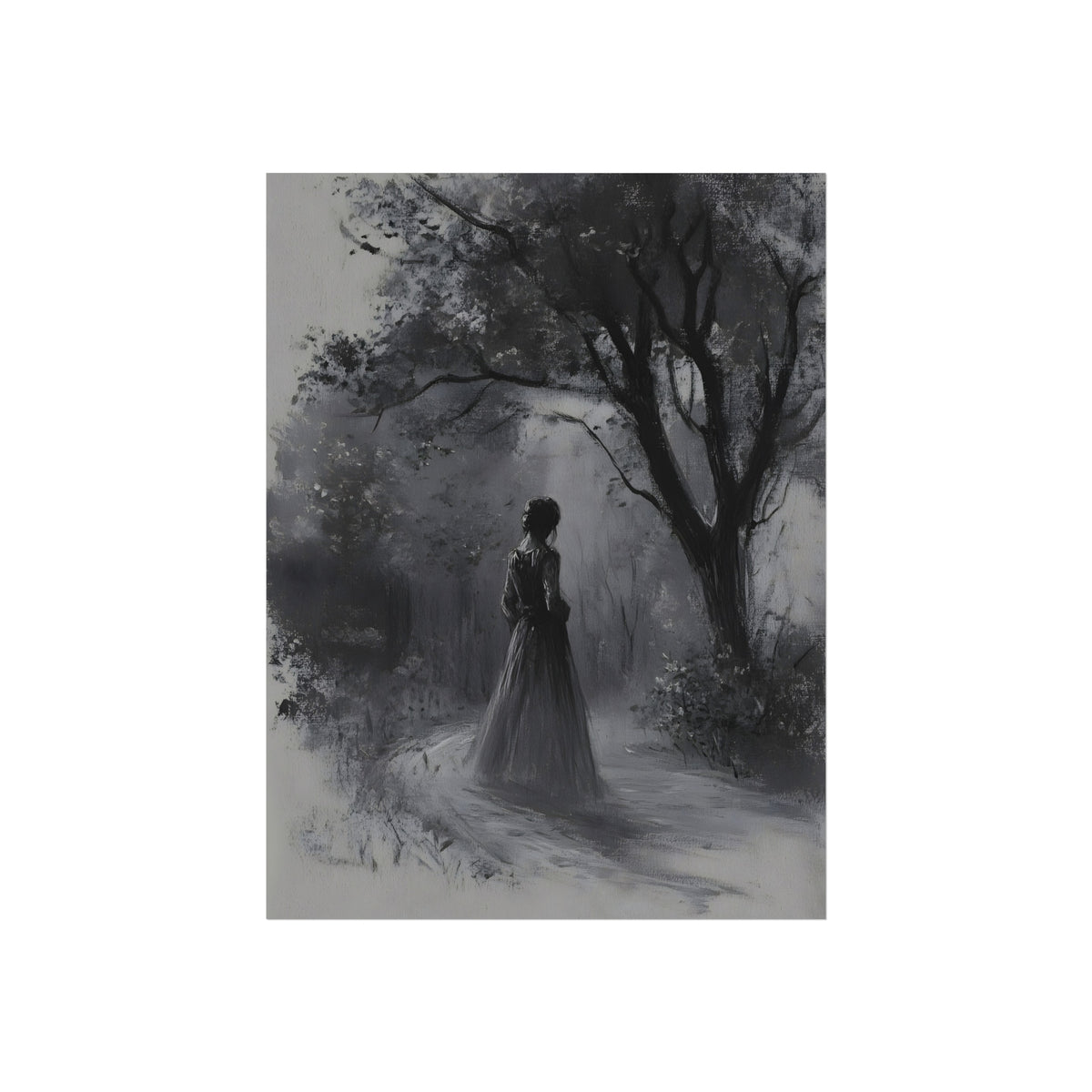 The Mist Path monochrome gothic wall art shown in an interior mockup