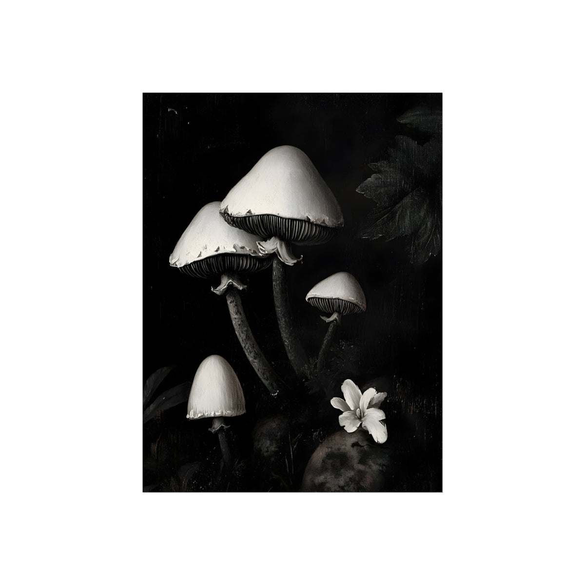The Pale Parasite | Dark Botanical Mushroom Poster fine art poster mockup displayed in an interior setting.