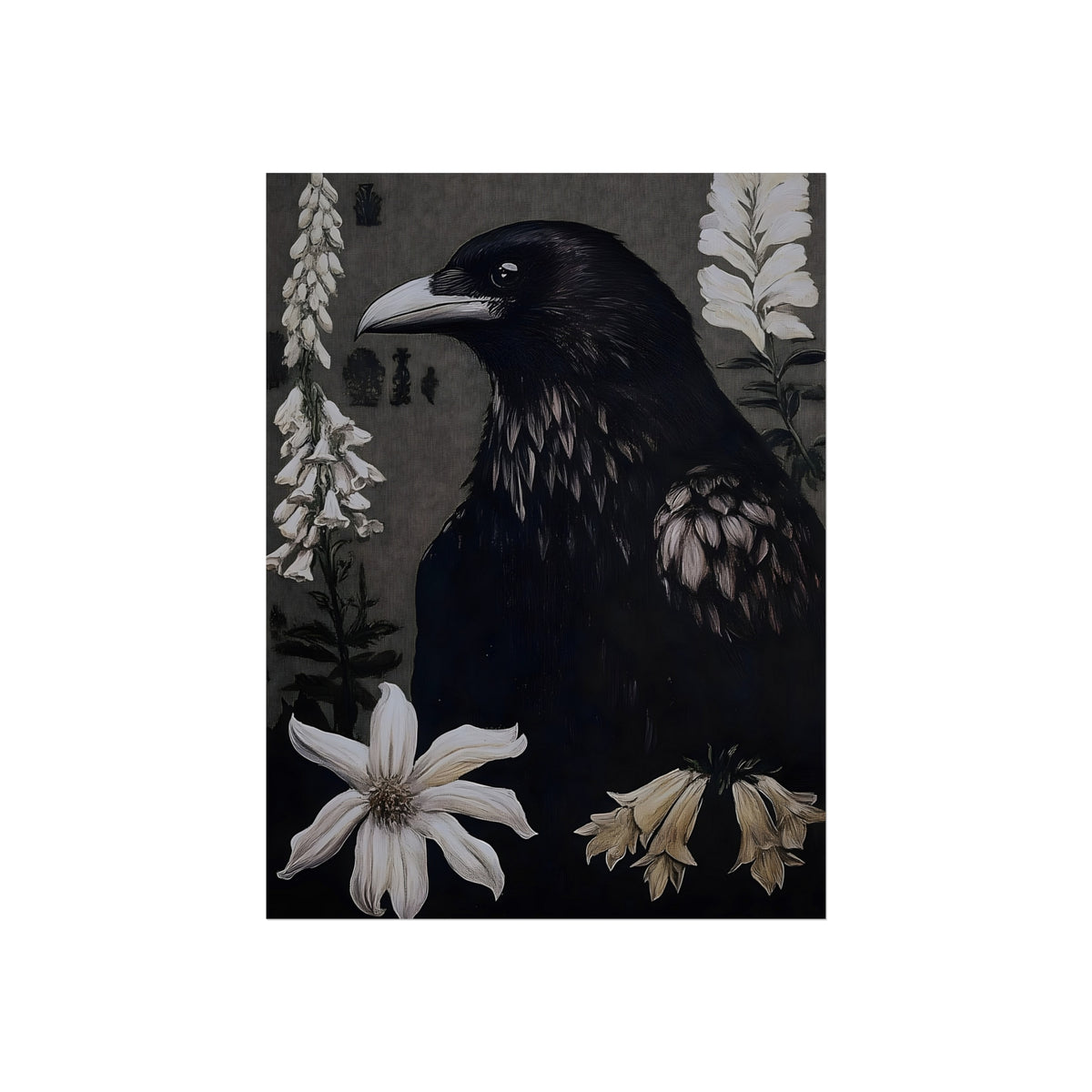 The Raven and White Blooms dark botanical fine art paper print artwork