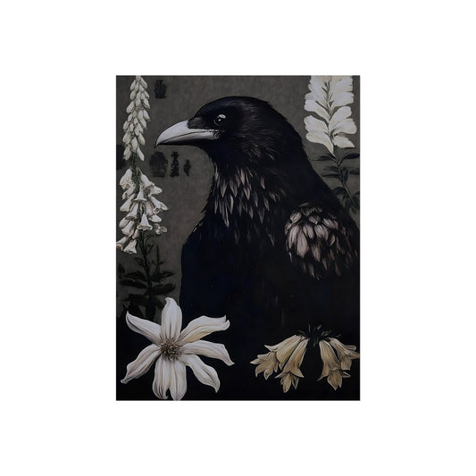 The Raven and White Blooms dark botanical fine art paper print artwork