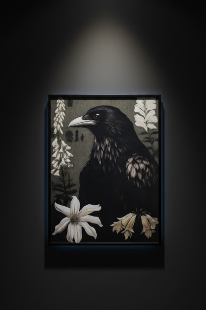 The Raven and White Blooms | Dark Botanical Fine Art Paper Print artwork image