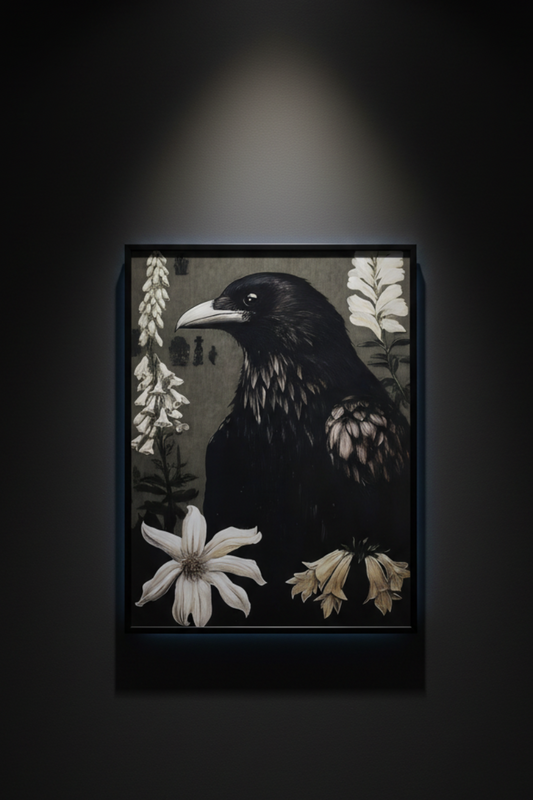 The Raven and White Blooms | Dark Botanical Fine Art Paper Print artwork image