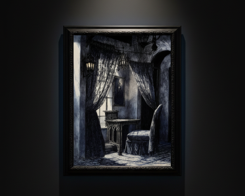 A dark, moody interior scene print featuring a shadowy room with heavy drapes, a small table, a draped chair, and dim light filtering through a window, centered on a white background.