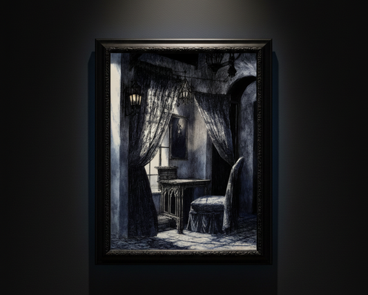 A dark, moody interior scene print featuring a shadowy room with heavy drapes, a small table, a draped chair, and dim light filtering through a window, centered on a white background.