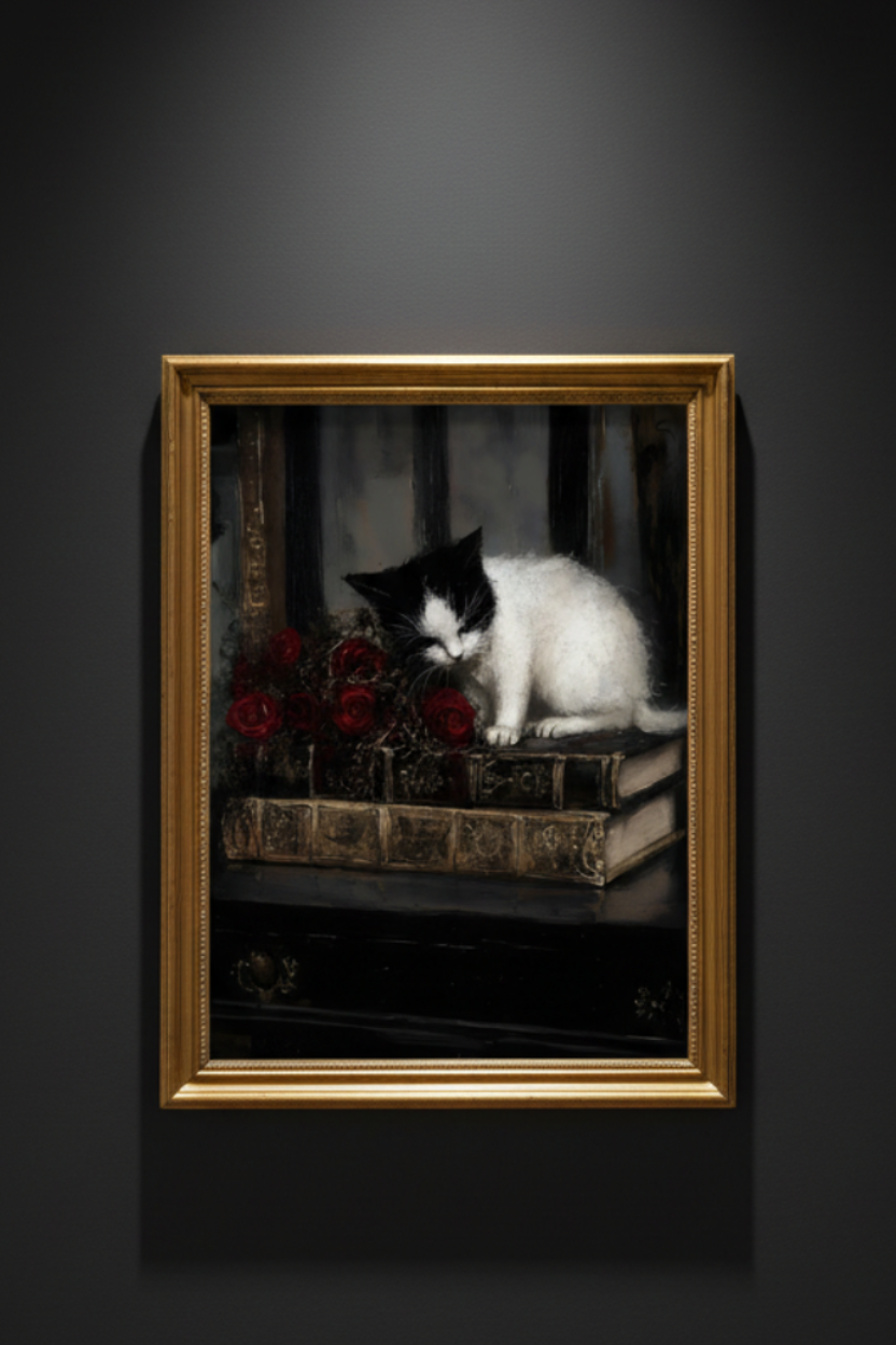 The Scholar's Familiar cat books and rose fine art artwork