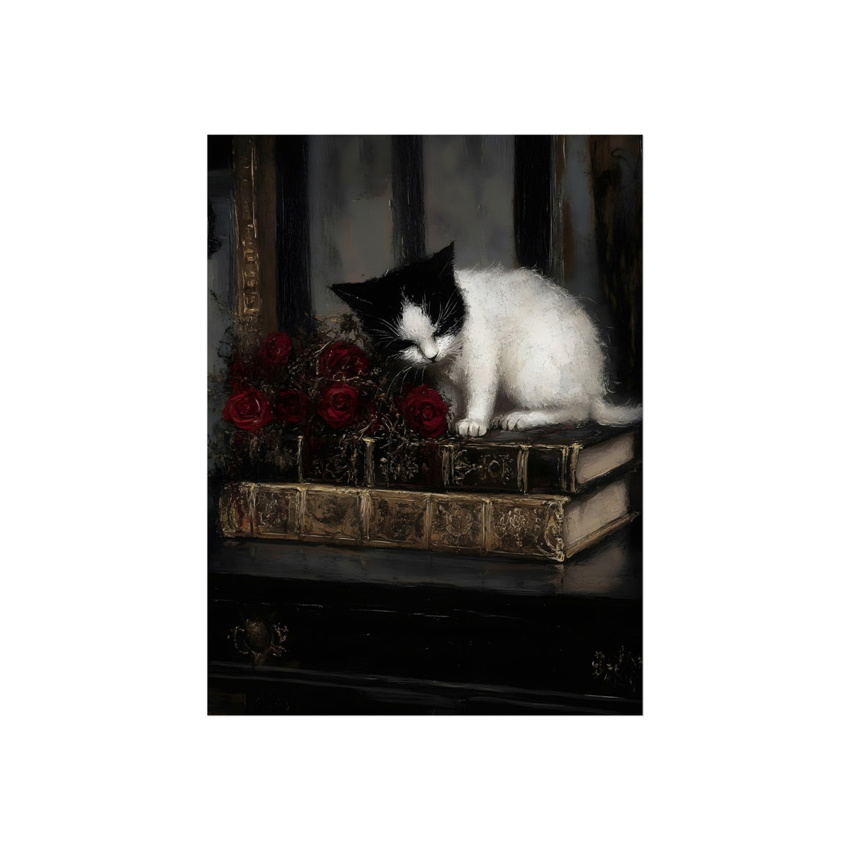 The Scholar's Familiar cat books and rose fine art poster