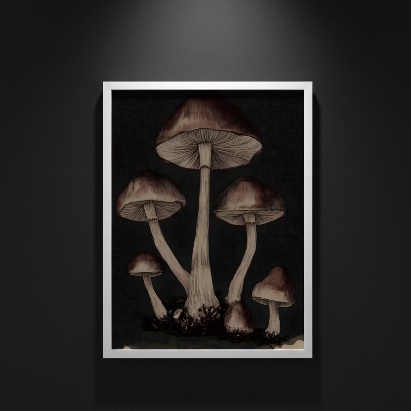 A vertical art print depicting a cluster of mushrooms in sepia tones against a very dark, near-black background, centered on a white canvas.