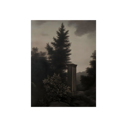 The Silent Sentinel | Gothic Landscape Fine Art Poster fine art poster mockup displayed in an interior setting.