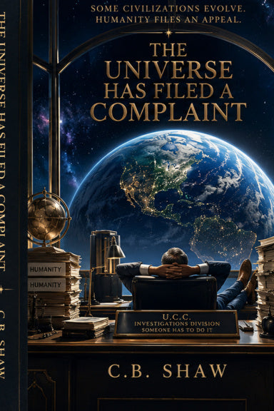 The Universe Has Filed a Complaint by C.B. Shaw, paperback edition, illustrated dark comedy science fiction book cover