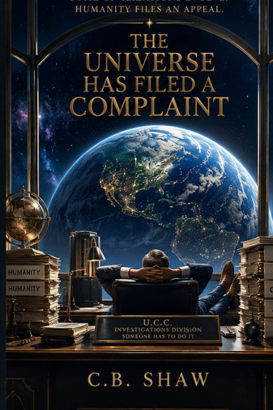 The Universe Has Filed a Complaint by C.B. Shaw, premium hardcover science fiction satire novel, illustrated cosmic investigation cover