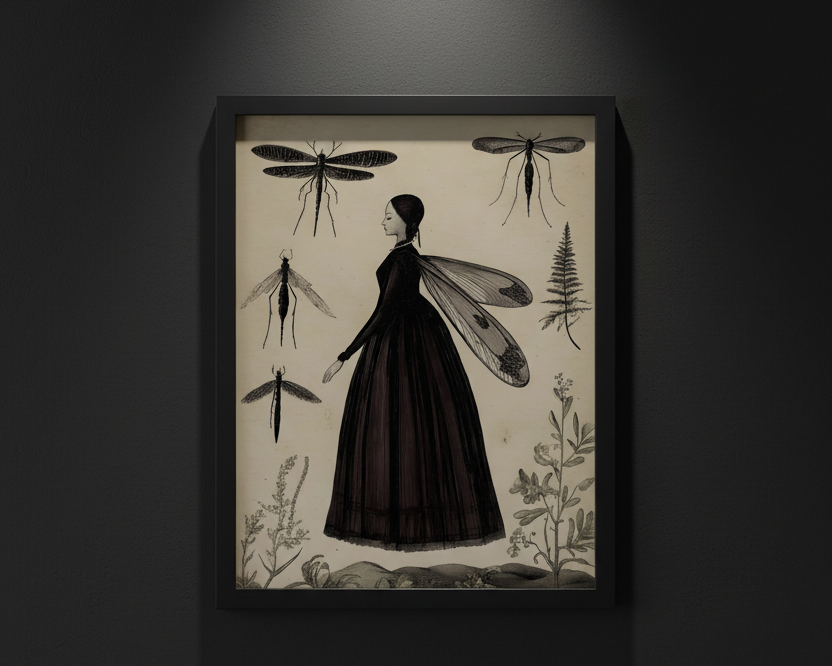 Vintage-style illustration print featuring a woman in a long dark dress with insect-like wings, surrounded by detailed insects and small plants on a warm beige background.