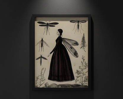 Vintage-style illustration print featuring a woman in a long dark dress with insect-like wings, surrounded by detailed insects and small plants on a warm beige background.
