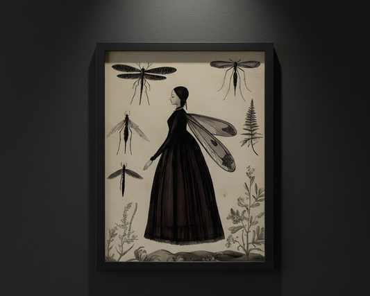 Vintage-style illustration print featuring a woman in a long dark dress with insect-like wings, surrounded by detailed insects and small plants on a warm beige background.