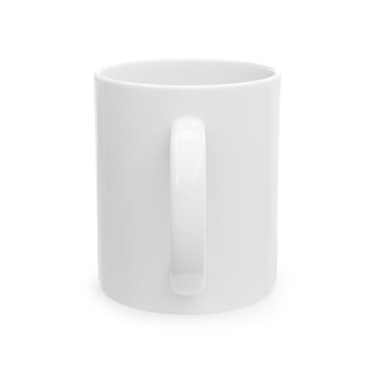 Funny coffee mug printed with "THE WORDS WERE FINE THE VOLUME WAS THE PROBLEM", back view showing the handle