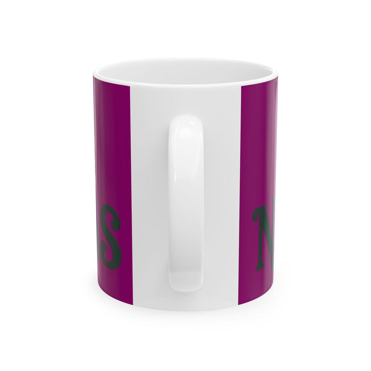 Funny coffee mug printed with "THERE IS NO PLAN AND THERE NEVER WAS", back view showing the handle