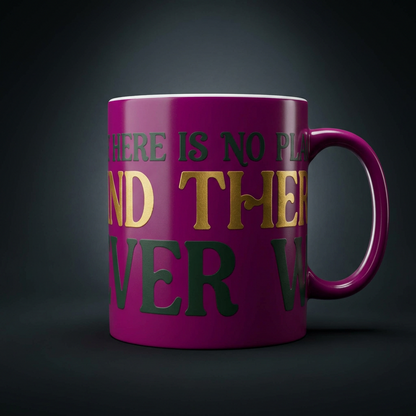 Funny coffee mug printed with "THERE IS NO PLAN AND THERE NEVER WAS", shown on a dark studio background