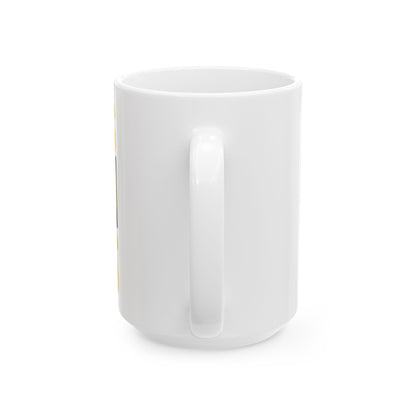 Funny coffee mug printed with "THIS CUP HAS OUTLIVED THREE BOSSES", 15 oz size, back view showing the handle
