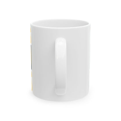 Funny coffee mug printed with "THIS CUP HAS OUTLIVED THREE BOSSES", back view showing the handle