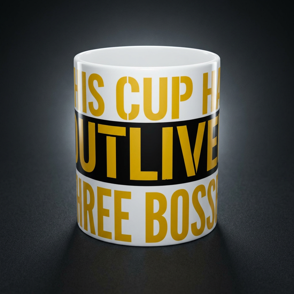 Funny coffee mug printed with "THIS CUP HAS OUTLIVED THREE BOSSES", shown on a dark studio background