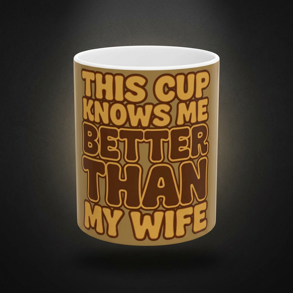 Funny coffee mug printed with "THIS CUP KNOWS ME BETTER THAN MY WIFE", shown on a dark studio background