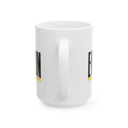 Funny coffee mug printed with "THIS MUG HAS SEEN / EVERY BAD DECISION", 15 oz size, back view showing the handle
