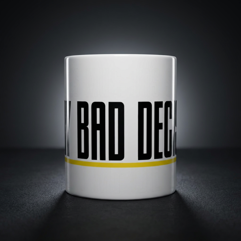 Funny coffee mug printed with "THIS MUG HAS SEEN / EVERY BAD DECISION", shown on a dark studio background