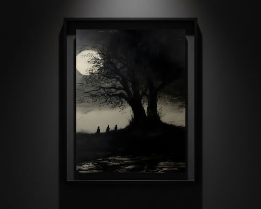 A dark, moody landscape artwork showing a large silhouetted tree beside a reflective body of water under a pale full moon, with three small human figures in the distance. The print is centered on a light gray background.