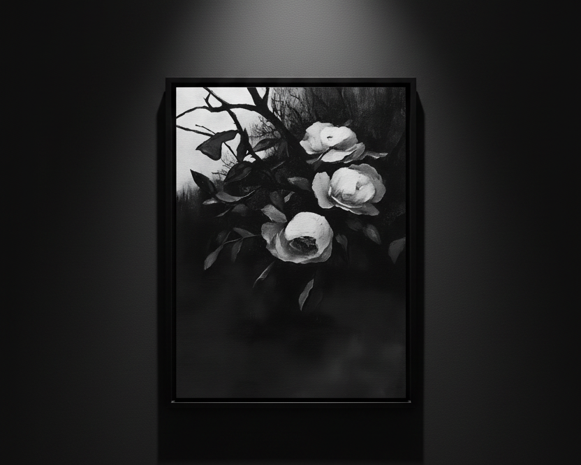A black and white floral art print featuring three white roses with dark leaves and branches against a dark background, centered on a white canvas.