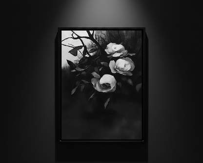 A black and white floral art print featuring three white roses with dark leaves and branches against a dark background, centered on a white canvas.