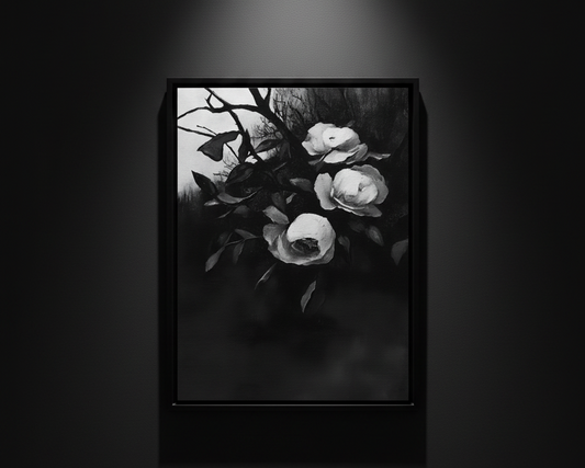 A black and white floral art print featuring three white roses with dark leaves and branches against a dark background, centered on a white canvas.