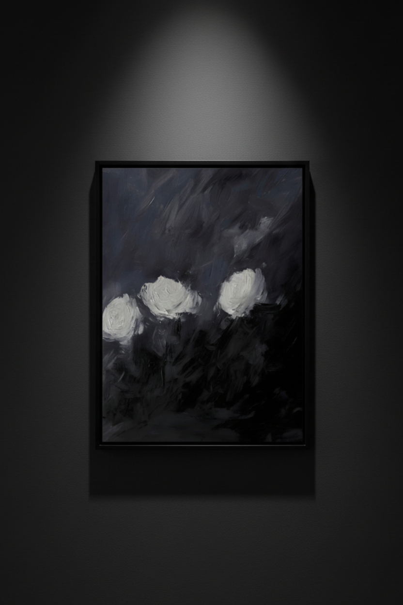 Three White Roses in Smoke, art print
