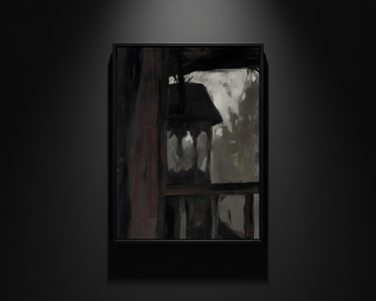 An abstract painting depicting a dark interior scene with a window or doorway, featuring heavy brushstrokes in black, gray, white, and muted brown tones.