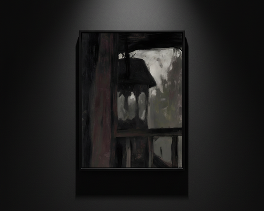 An abstract painting depicting a dark interior scene with a window or doorway, featuring heavy brushstrokes in black, gray, white, and muted brown tones.