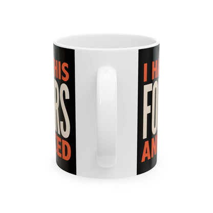 Funny coffee mug printed with "I HAVE BEEN FAKING THIS FOR TWENTY YEARS AND NOBODY NOTICED", left side view