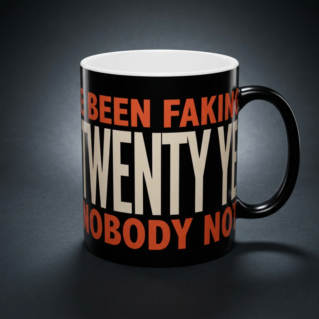 Funny coffee mug printed with "I HAVE BEEN FAKING THIS FOR TWENTY YEARS AND NOBODY NOTICED", shown on a dark studio background