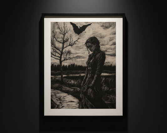 A dark monochrome art print depicting a woman standing in a field beside a stream, with a bare tree, distant trees, and a large bat in the cloudy sky.