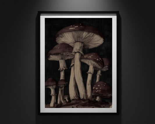 A vertical art print depicting a cluster of mushrooms with dark brown caps and beige stems, set against a dark textured background with a white border.