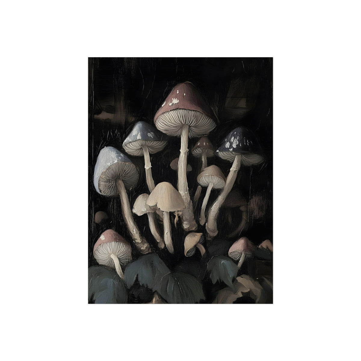 Understory Mycelium dark botanical mushroom wall art shown in an interior mockup