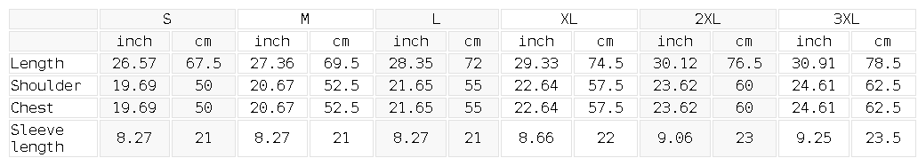 Size chart for the Unisex 250 GSM Drop Shoulder Cotton T-Shirt