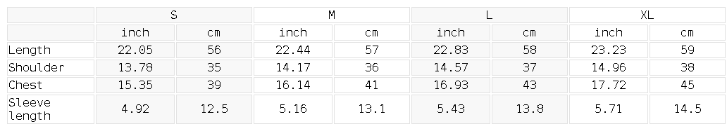 Size chart for the Unisex Bodycon Drawstring T-Shirt