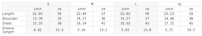 Size chart for the Unisex Bodycon Drawstring T-Shirt