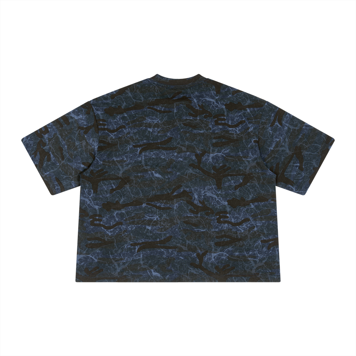 Unisex Boxy Camo Print T-Shirt in blue camo, alternate angle