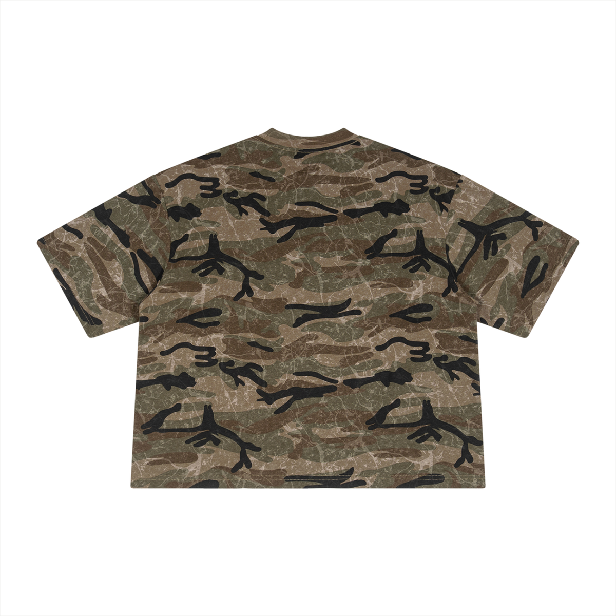 Unisex Boxy Camo Print T-Shirt in green camo, alternate angle