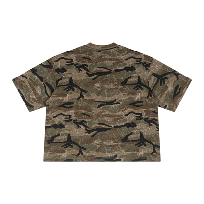 Unisex Boxy Camo Print T-Shirt in green camo, alternate angle
