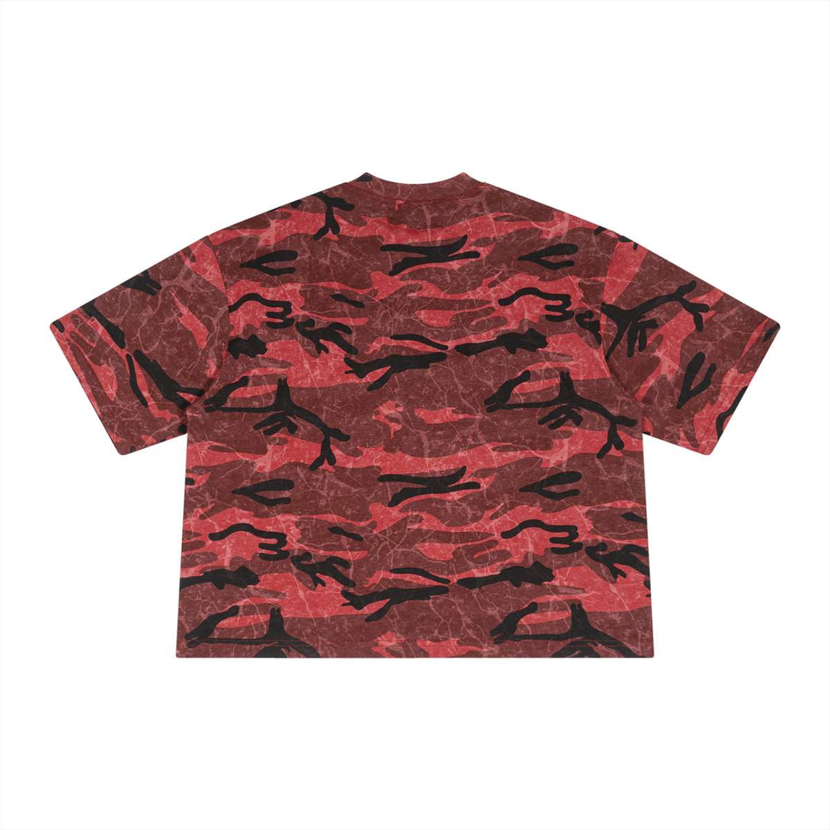 Unisex Boxy Camo Print T-Shirt in red camo, alternate angle