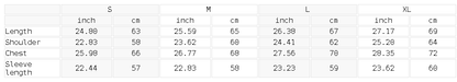 Size chart for the Unisex Boxy Collared Detachable Sweatshirt