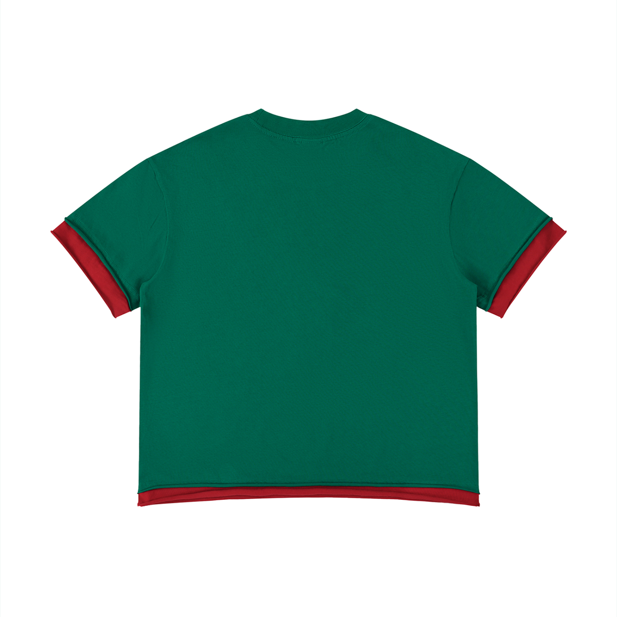Unisex Boxy Color Block T-Shirt in dark green with red, alternate angle