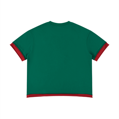 Unisex Boxy Color Block T-Shirt in dark green with red, alternate angle