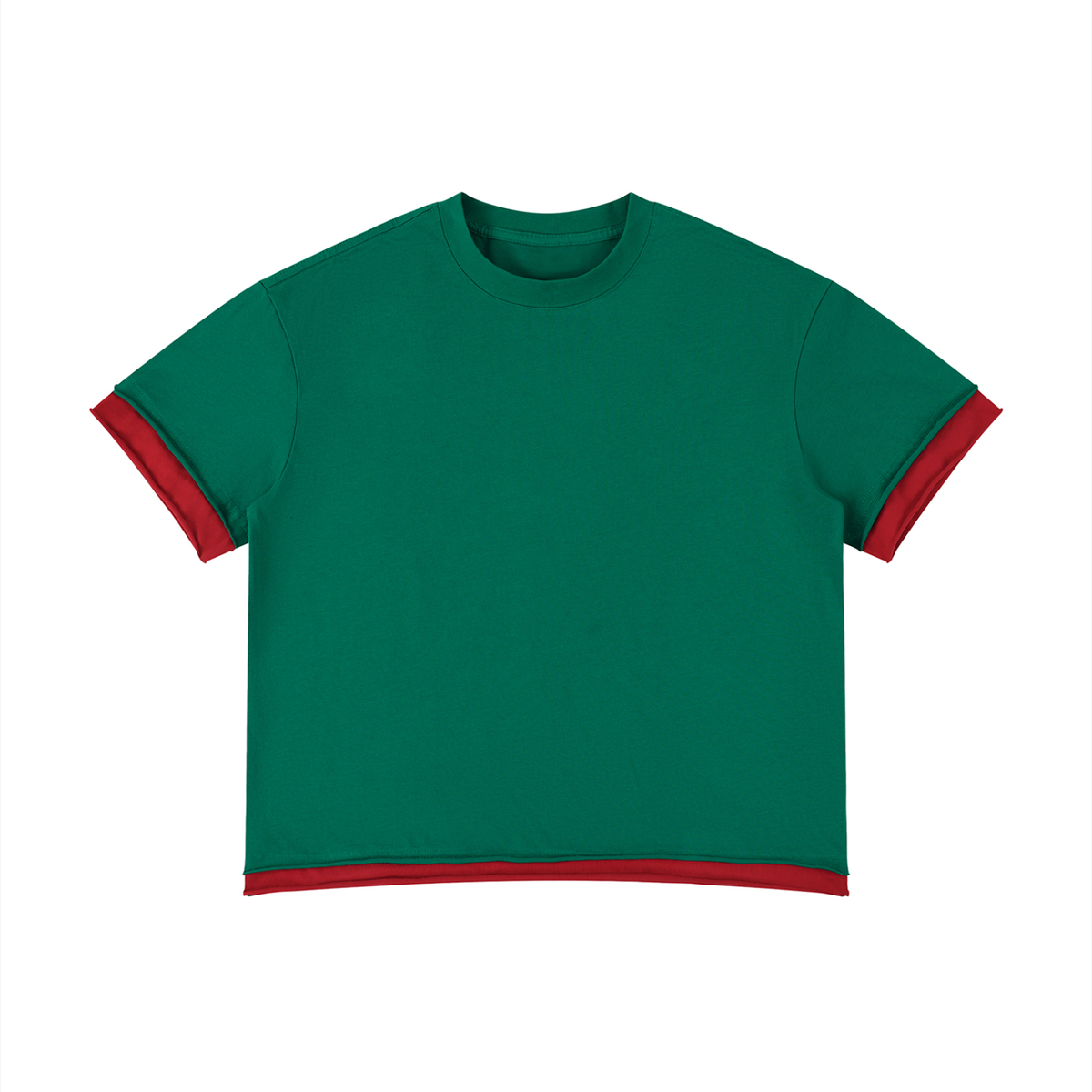 Unisex Boxy Color Block T-Shirt in dark green with red